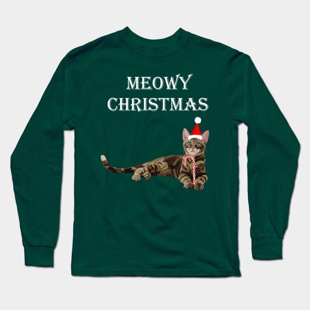 Meowy Christmas Brown Tabby Kitten Long Sleeve T-Shirt by Art by Deborah Camp